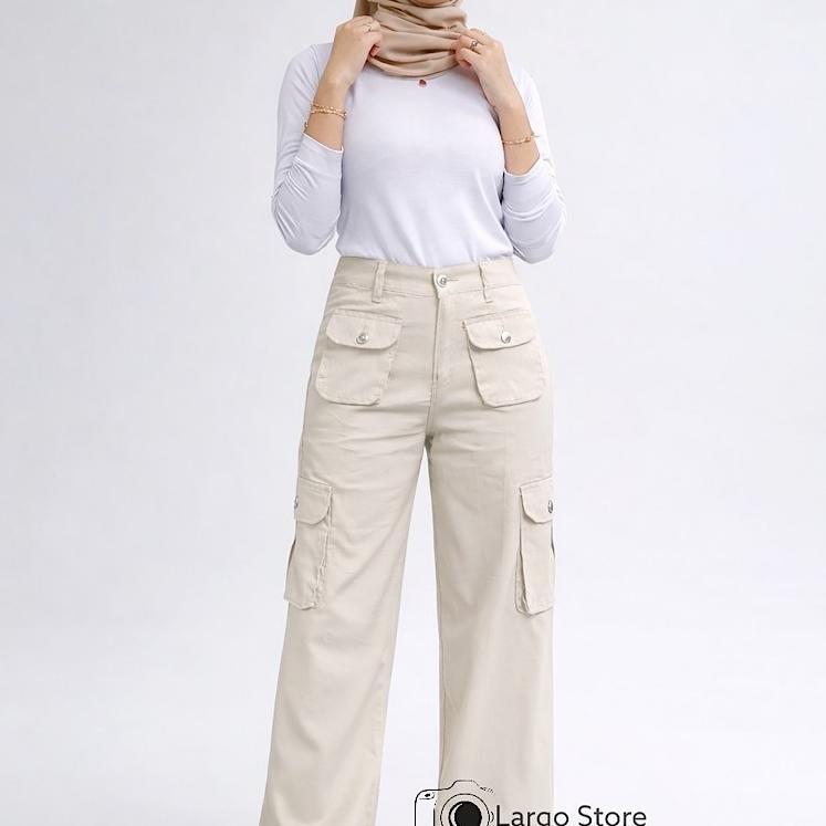 CUCI GUDANG Celana Cargo Panjang Wanita Highwaist - Cargo Denim Pasir Putih Krem Cargo LULU