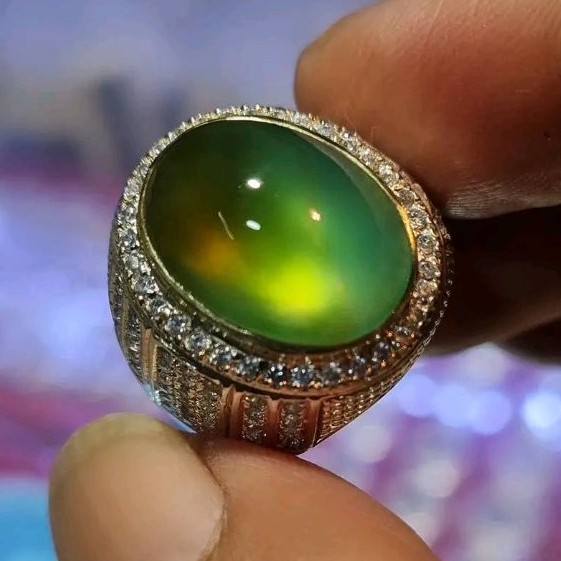 Natural Cincin Akik Bacan Gulau Ijo Botol Neon Super Kristal Giwang Ring Perak