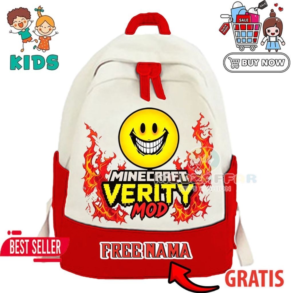 Tas Ransel Anak Kids Motif Minecraft Verity Mod Emoji Merah Putih