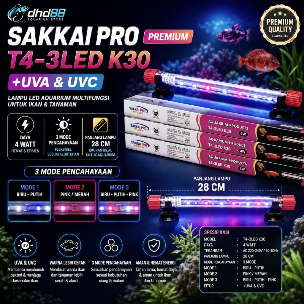 Sakai Pro T4-SLED K30 Lampu Celup Aquarium Day & Night UVA & UVC 3 Mode Pencahayaan Optimal untuk Ik