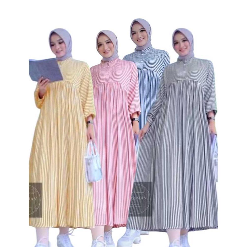 NEW MIDI DRESS MOTIF SALUR KATUN PREMIUM TRENDY KEKINIAN BUSANA MUSLIM WANITA BUSUI FRIENDLY GAMIS M