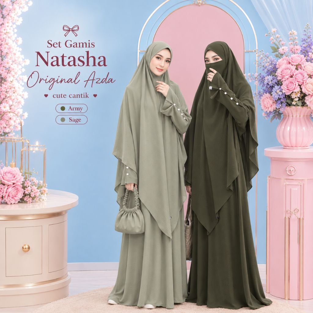 READY Set Setelan Gamis Natasha ORI Azda Plus French Khimar Fk / Bergo Non Pet Cadar Instan Crinkle 