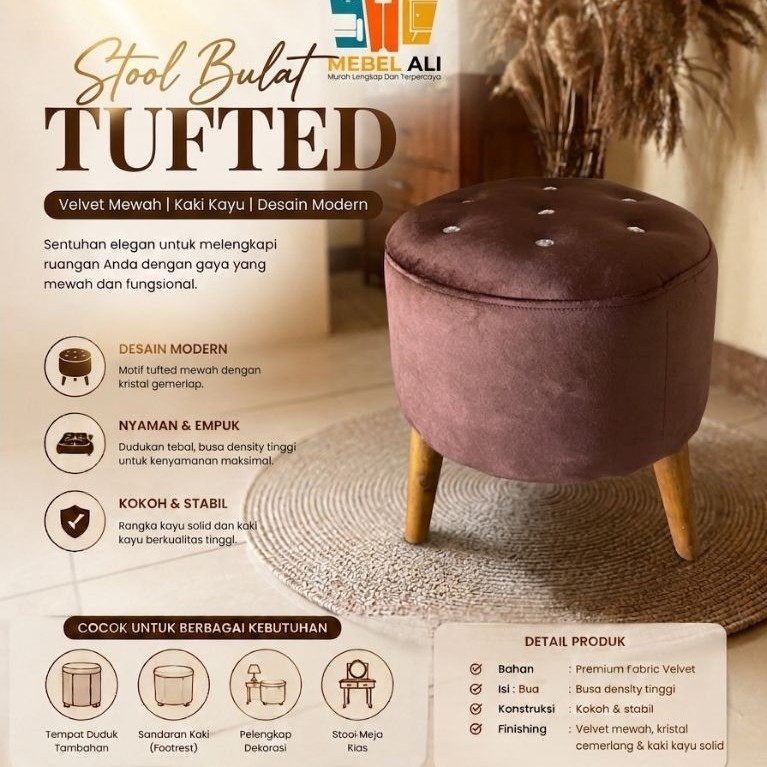 Stool bulat kancing D40/sofa stool bulat kancing/kursi stool sofa/sofa stool bulat kancing kristal/s