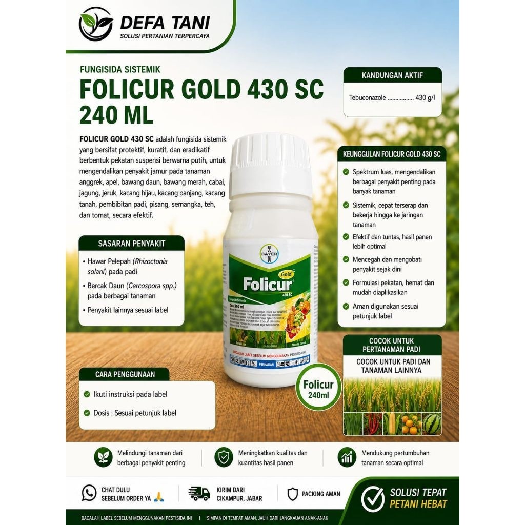 FOLICUR GOLD 430 SC 240ml | Fungisida Tebukonazol Sistemik Hawar Pelepah Bercak Daun Padi Cabai