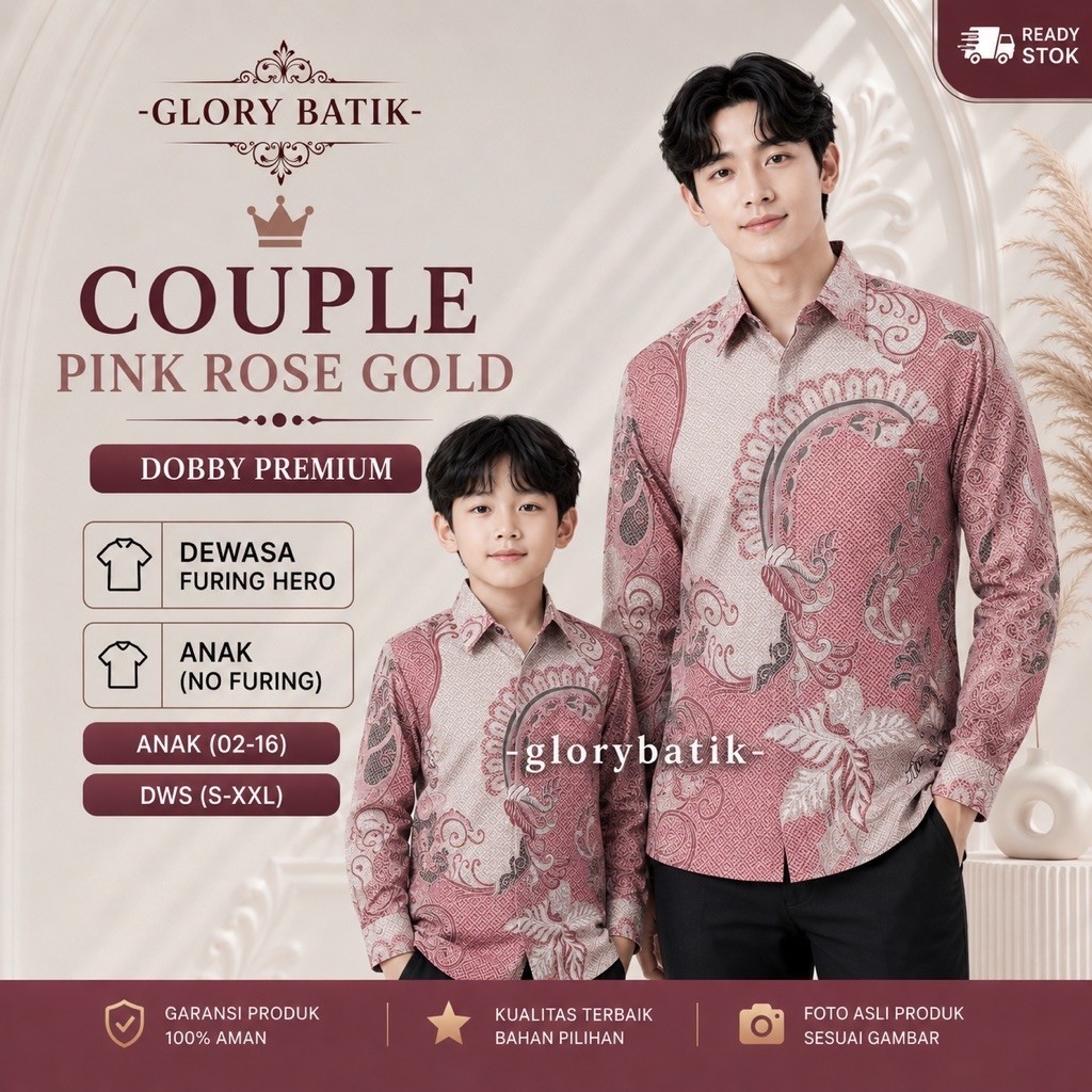 GLORY BATIK - Couple Batik Pink Rose Gold Pria Wanita Anak Dobby Furing Premium | Baju Atasan Pria w