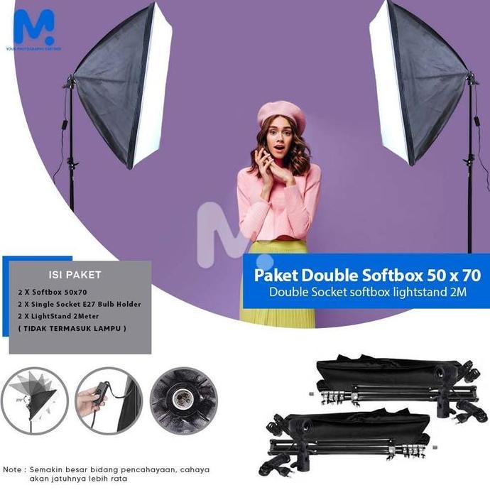 Paket Double Softbox Midio A1 + 2 Light Stand 2M + 2 Socket E27 + Tas Waterproof Pilih Ukuran Softbo