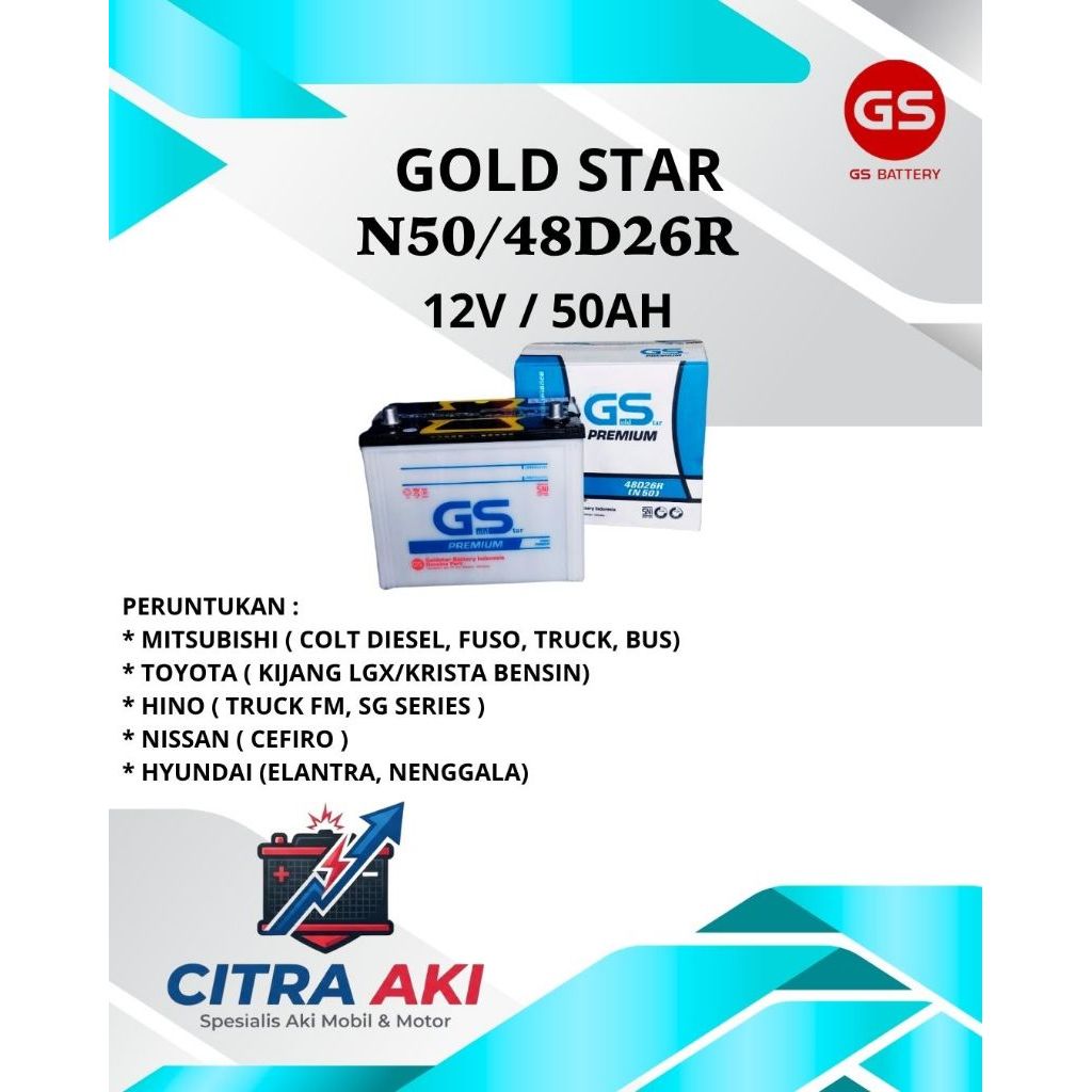 Gold StarN50 48d26r Aki mobil basah GS n50 (48d26r) 50ahpeugeot, nissan mitsubishi
