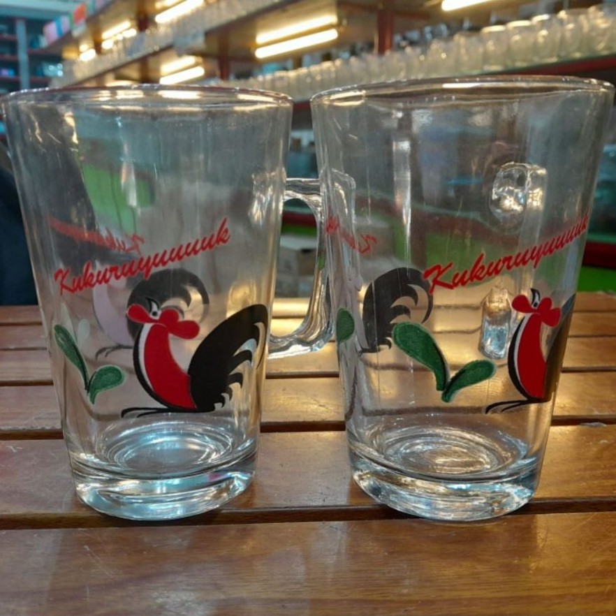 cangkir kaca motif ayam jago/mug ayam jago
