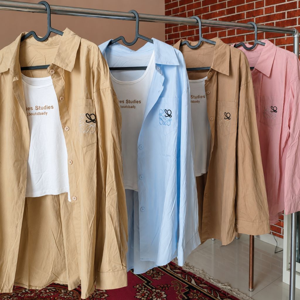 KEEFA - ​[2 in 1] Kemeja Oversize Wanita + Inner Tanktop / Kemeja Lengan Panjang Casual Loewe Embro