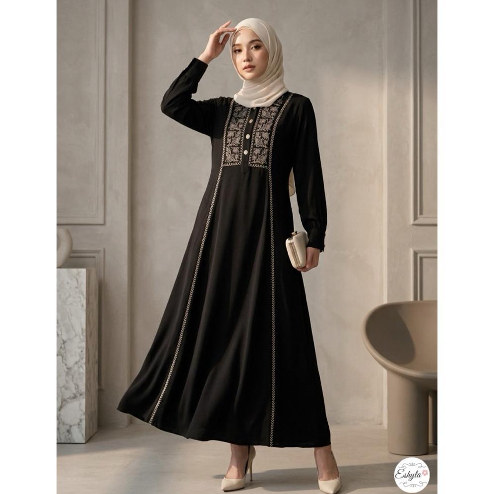 SHAFIA DRESS By. ESHYLA - Gamis Bordir Premium Linen Crinkle Import