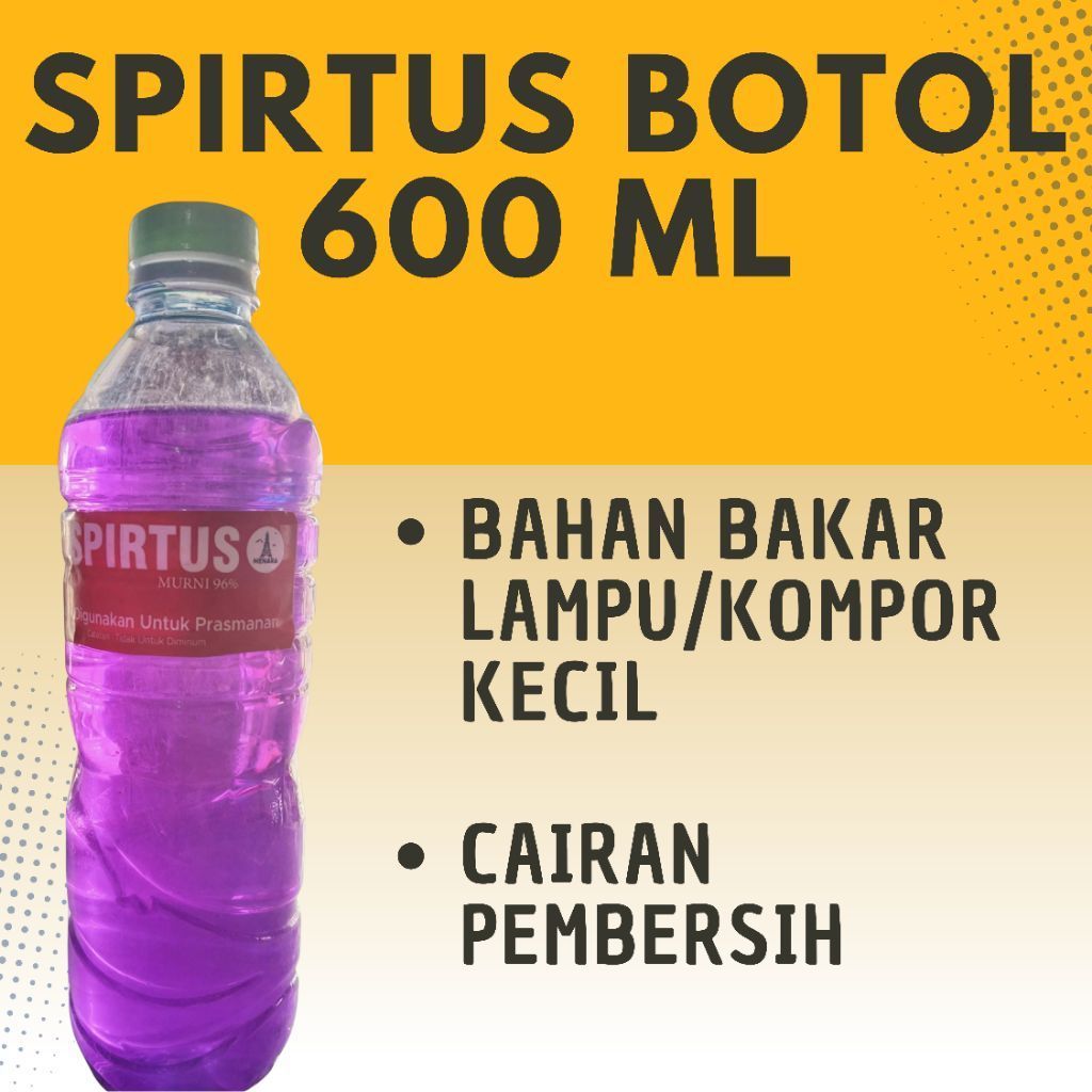 Spirtus Botol 600 ML Murni 96% Bahan Bakar Lampu/Kompor Kecil Cairan Pembersih