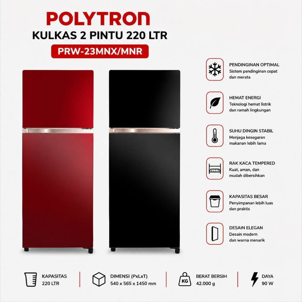 Kulkas Polytron 2 Pintu 220 ltr PRW-23MNX/MNR PRW23MNX