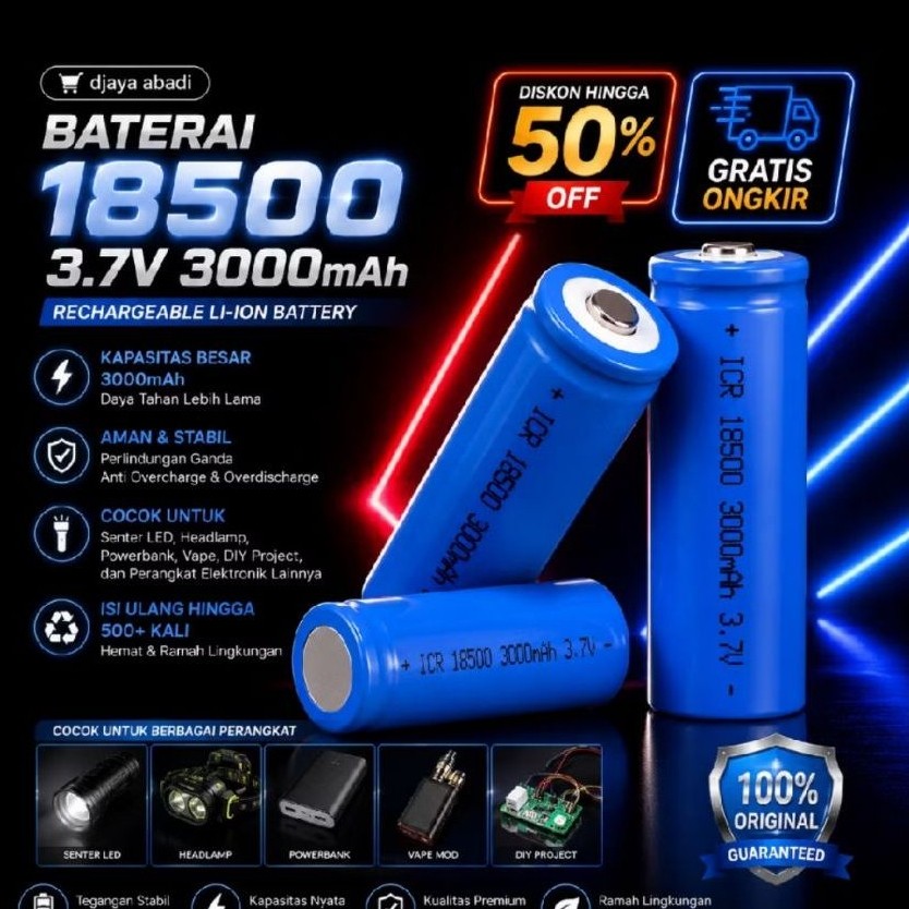 Baterai Charger 18500 Li-on 3,7v 3000mAh _Baterai Cas 18500 3,7V 3000mAh