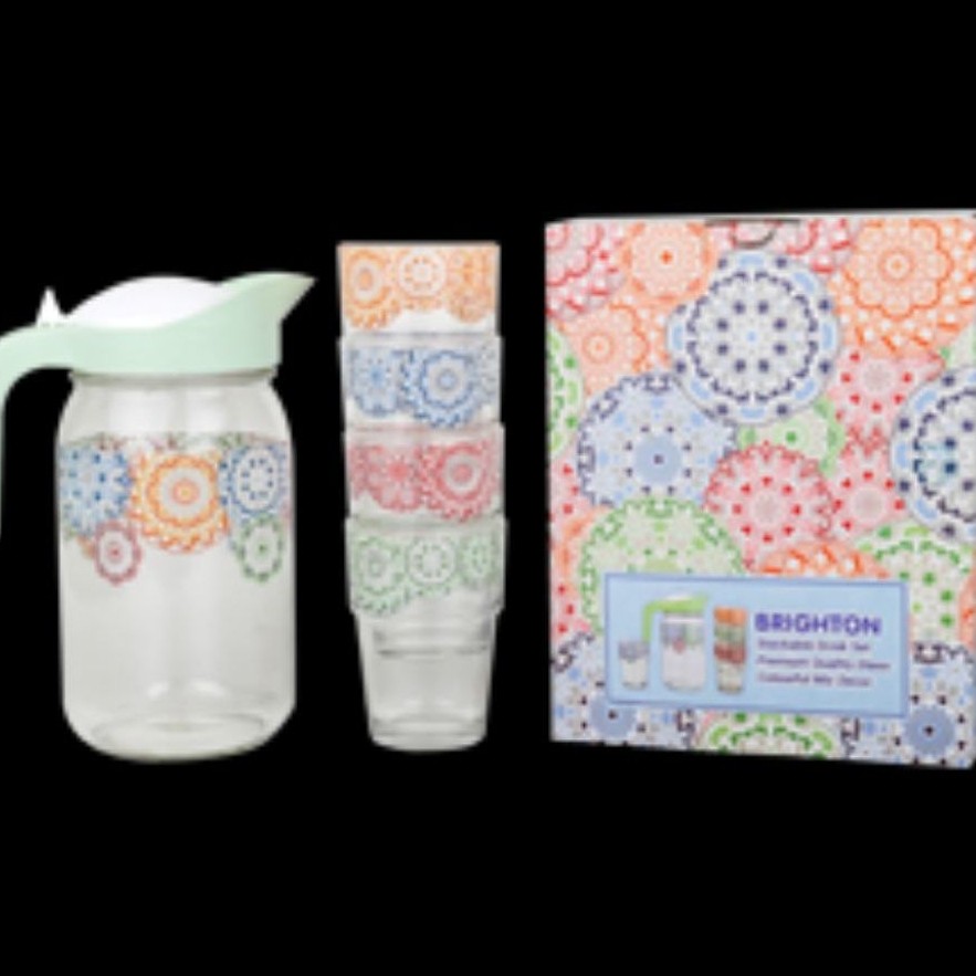 Set Gelas dan Pitcher BRIGHTON Motif Mandala Transparan dengan Tutup