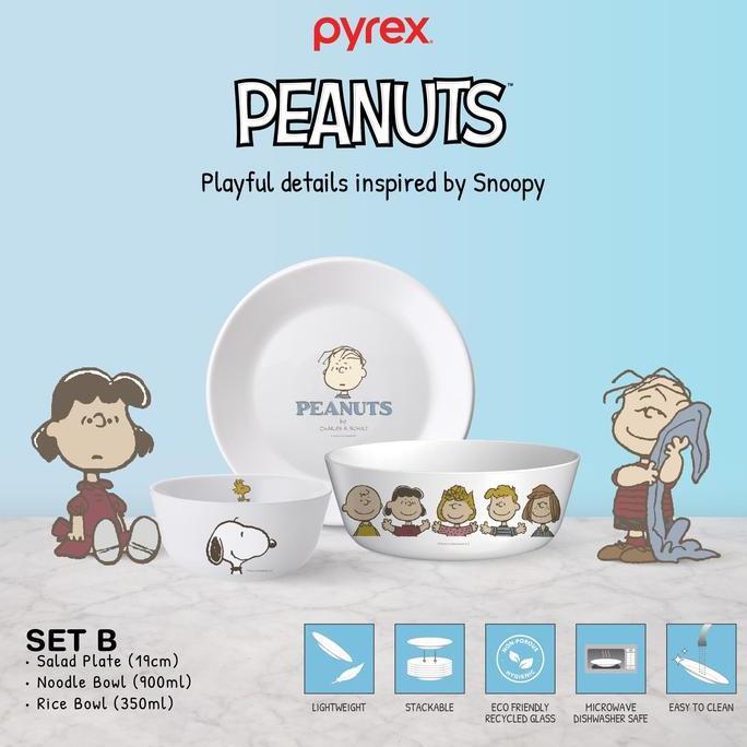 Pyrex Peanuts Snoopy Dinner Set 3 Pcs Pring Mangkuk Makan Milkglass Microwave & Dishwasher Safe Muda