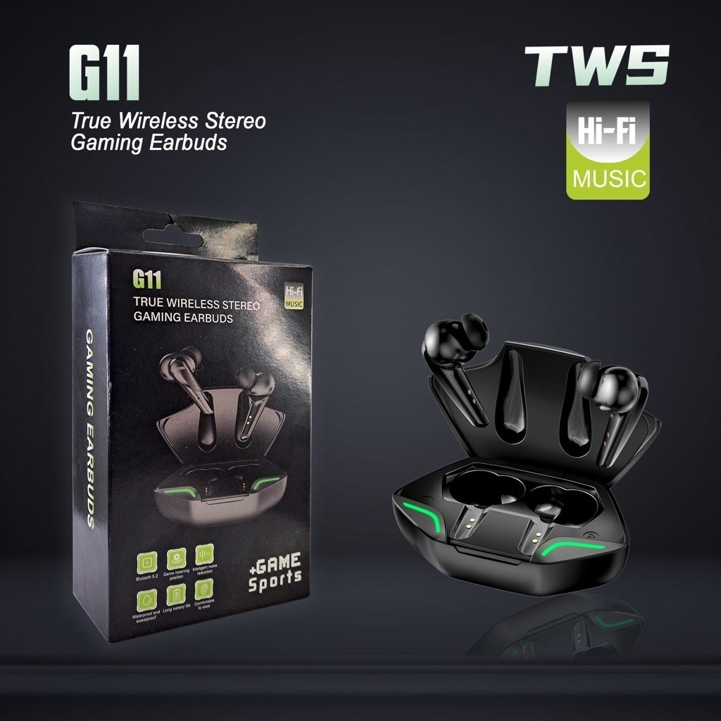 TWS G11 True Wireless Stereo Gaming Earbuds Hi-Fi Music Bluetooth 5.2 Hitam