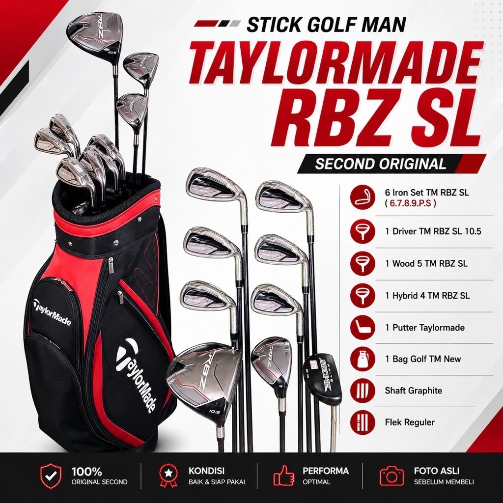 Stick Golf Man Second Original Taylormade RBZ SL Shaft Graphite Flek Reguler Fullset Bag Golf