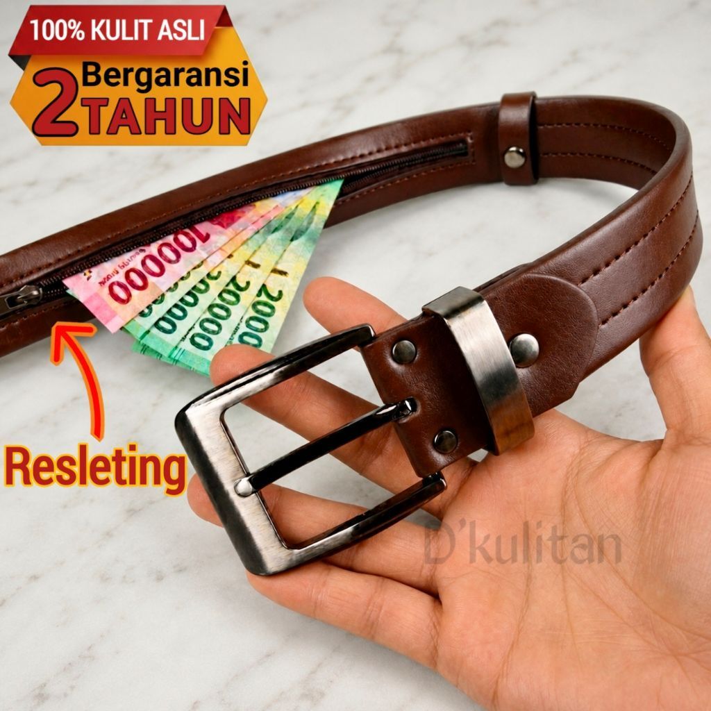 Ikat Pinggang Pria Kulit Asli Sabuk Kulit Resleting/Sleting