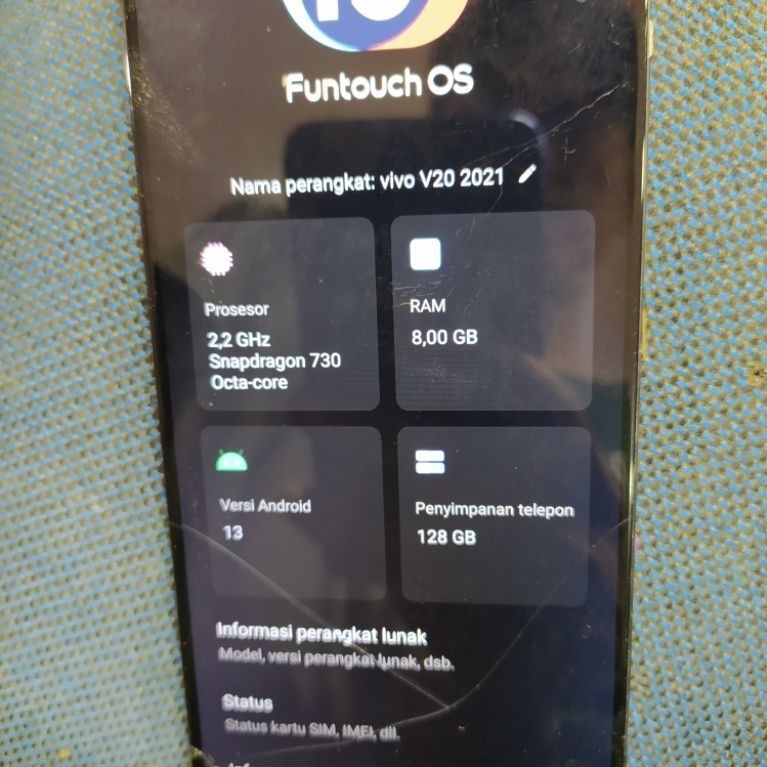 HP Vivo V20 2021 Funtouch OS Snapdragon 730 RAM 8GB ROM 128GB Android 13