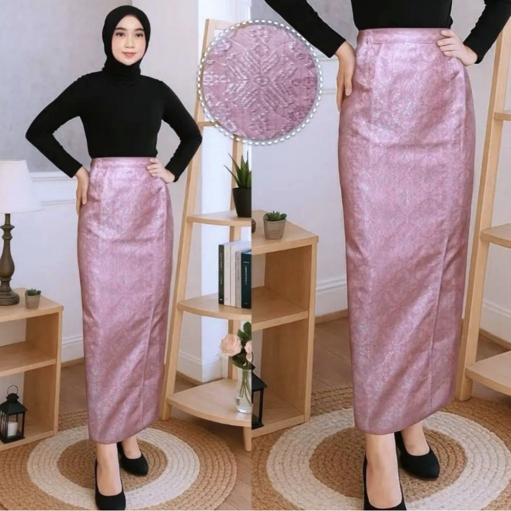 kenz.mode - Rok Songket Palembang Span Modern Putih Silver || Songket Span Jadi Warna Baby Pink || S