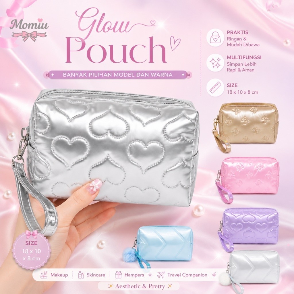 Pouch Make Up Aesthetic Tas Kosmetik Travel MOMIU GLOW Hologram Organizer Bag Multifungsi Kapasitas 