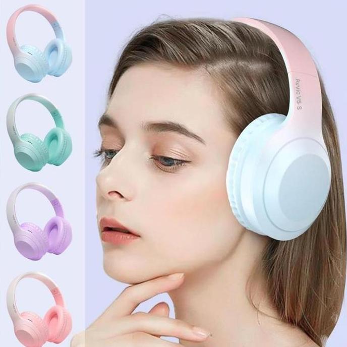 Wireless Headphone Bluetooth Gradient Color Headset Stereo HIFI Bass Pink Biru Earphones Ponsel