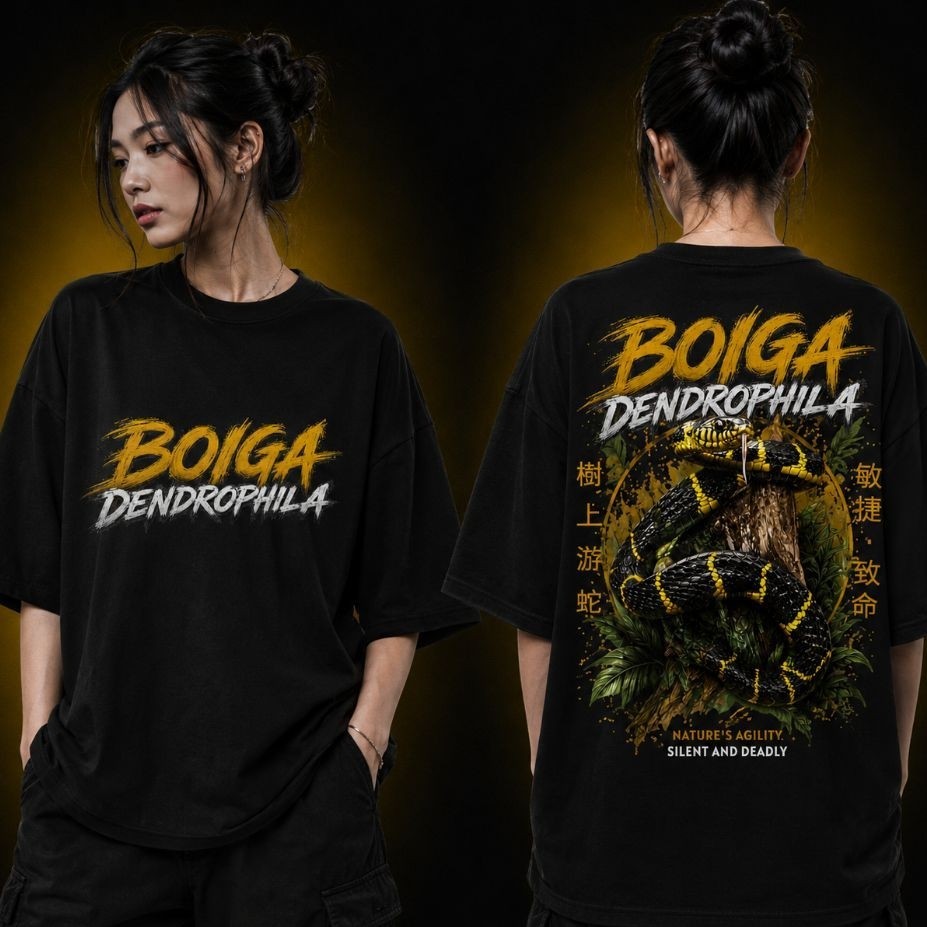T-Shirt Oversize Unisex Hitam BOIGA DENDROPHILA  Depan Belakang Lengan Pendek