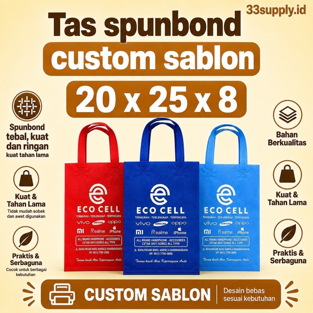 Tas Spunbond Custom Sablon 20x25x8 Goodie Bag Souvenir 20x25