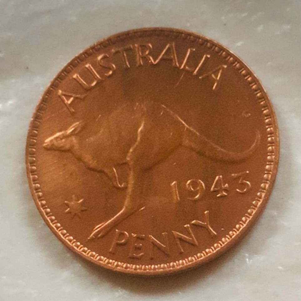 Koin Australia 1 Penny Kanguru tahun 1943