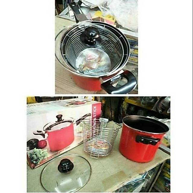 Deep fry panci teflon frier non stick Maslon 18 cm fryer dengan saringan kentang dan tutup kaca