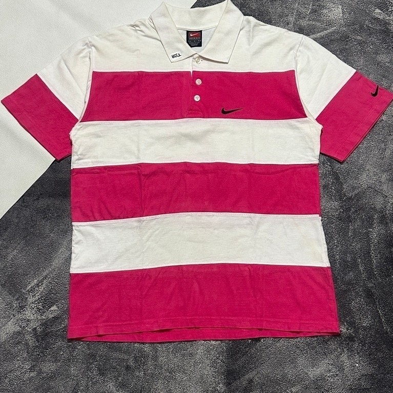 Kaos Polo Pria Nike Motif Garis Pink Putih Lengan Pendek Vintage