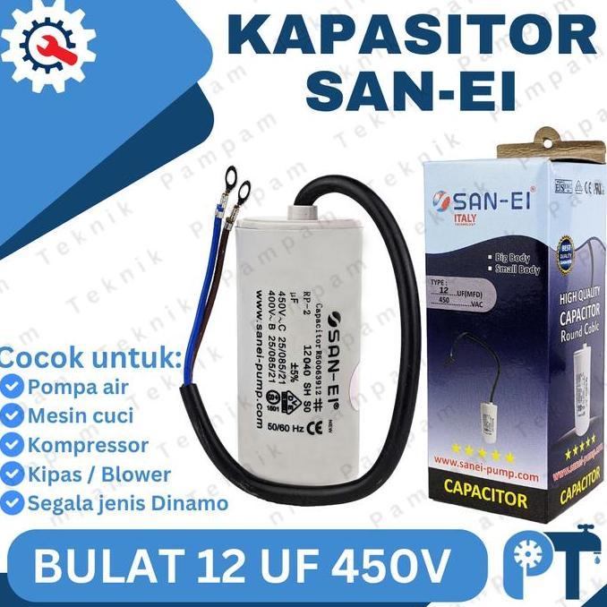 KAPASITOR SANEI 12UF 450V BULAT ORIGINAL / CAPACITOR SAN EI 12 UF 450 V TABUNG / KAPACITOR SE 12 MIK