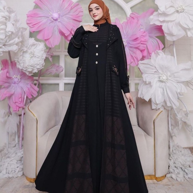 ABAYA SULTAN BAHAN JETBLACK MIX HIKMAT TURKI  LD 11O PB 140 WUDHU FRENDLY  SAKU KANAN