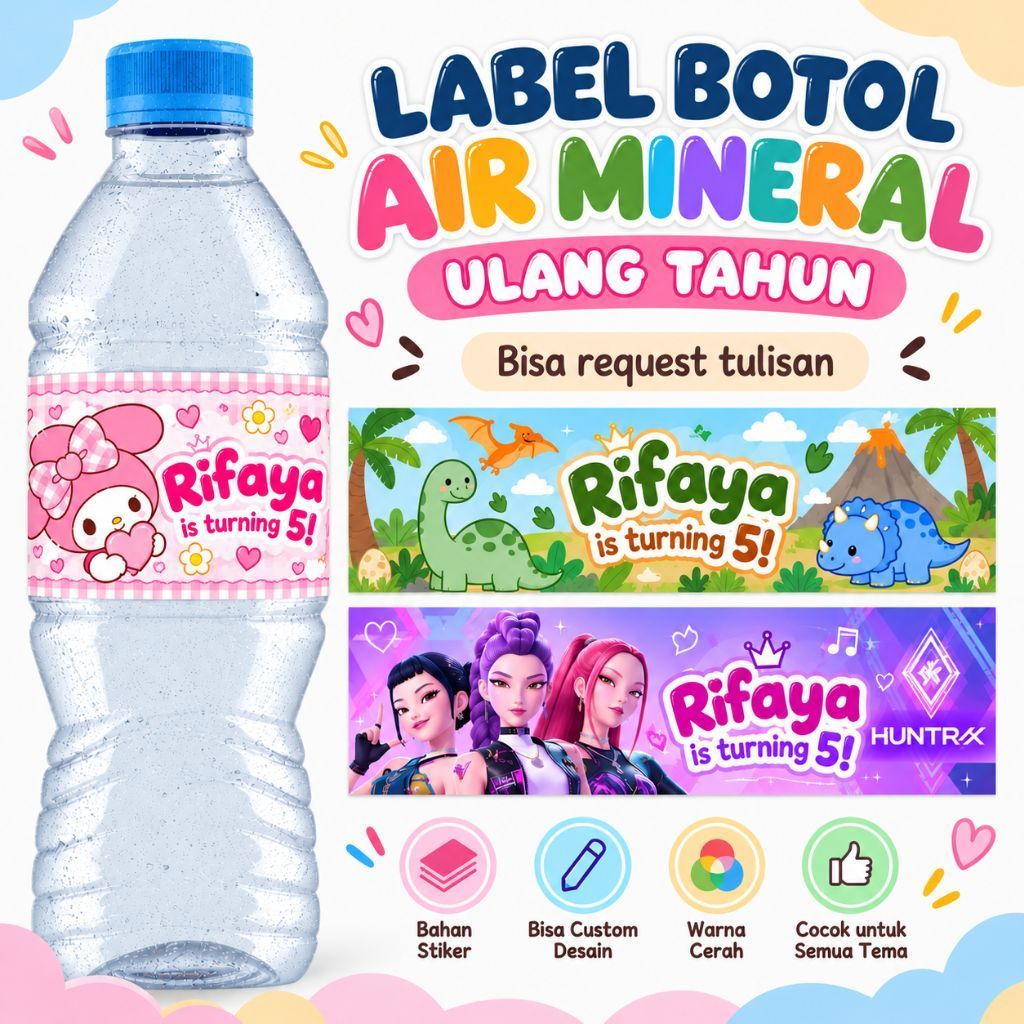 Label Botol Air Mineral , Mineral Water Aqua Ulang Tahun Anak