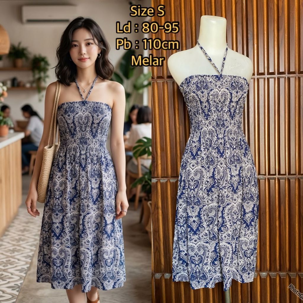 Mini dres pantai corak batik model kemben tali