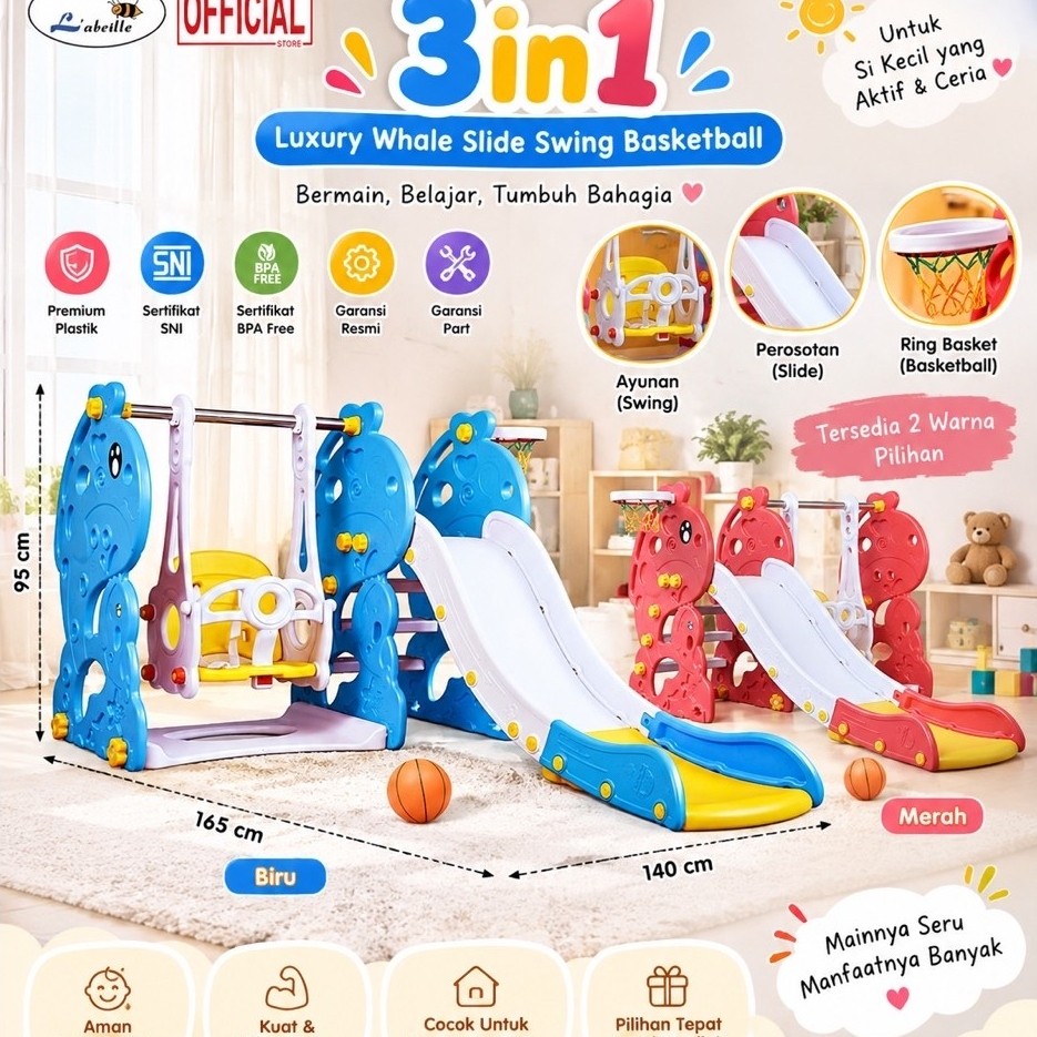 Labeille 3in1 Luxury Whale Slide Swing Basketball KC 533 / Perosotan Anak Ayunan Anak Ring Bola Bask