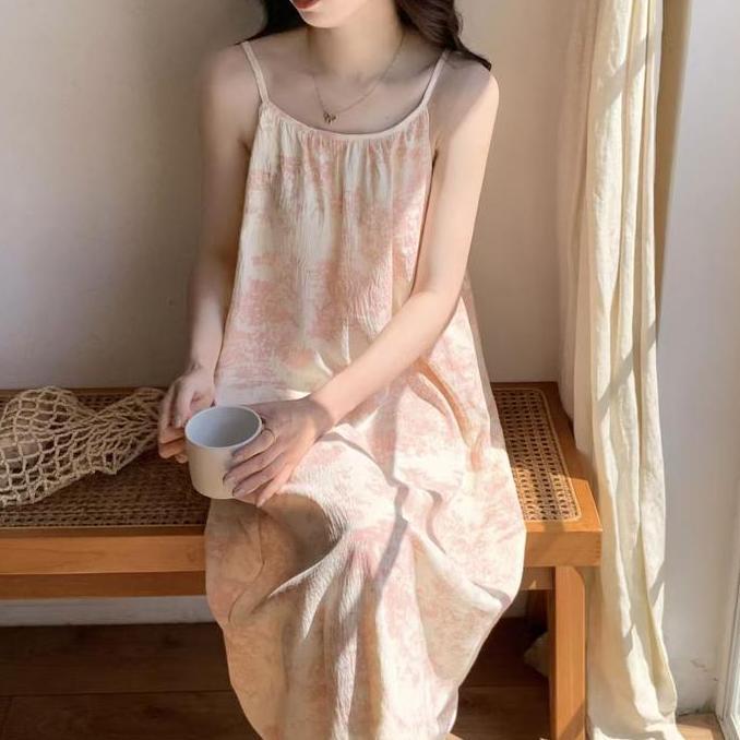 Raewon Dress Daster Tidur Aesthetic Tanpa Lengan Piyama Korea Motif Wanita Sleeveless Nightdress