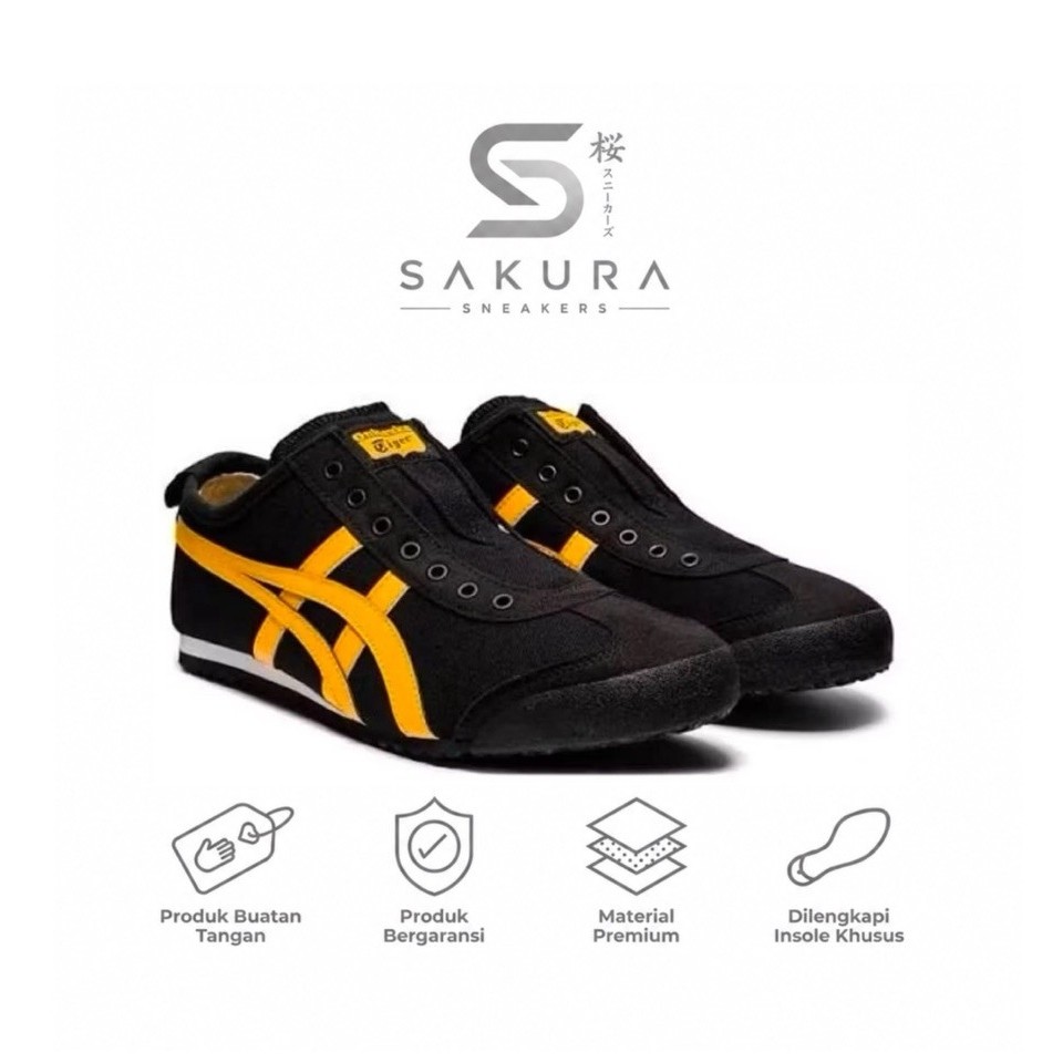 Sepatu Pria Wanita Sneakers Onitsuka Tiger Slip On Kanvas Black Yellow