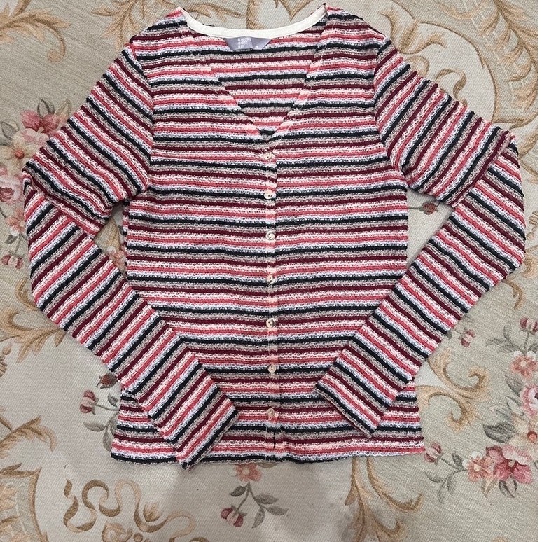 8 SECONDS Korea Cardigan Knit Stripe V-Neck Wanita M 90 – Red Black Cream