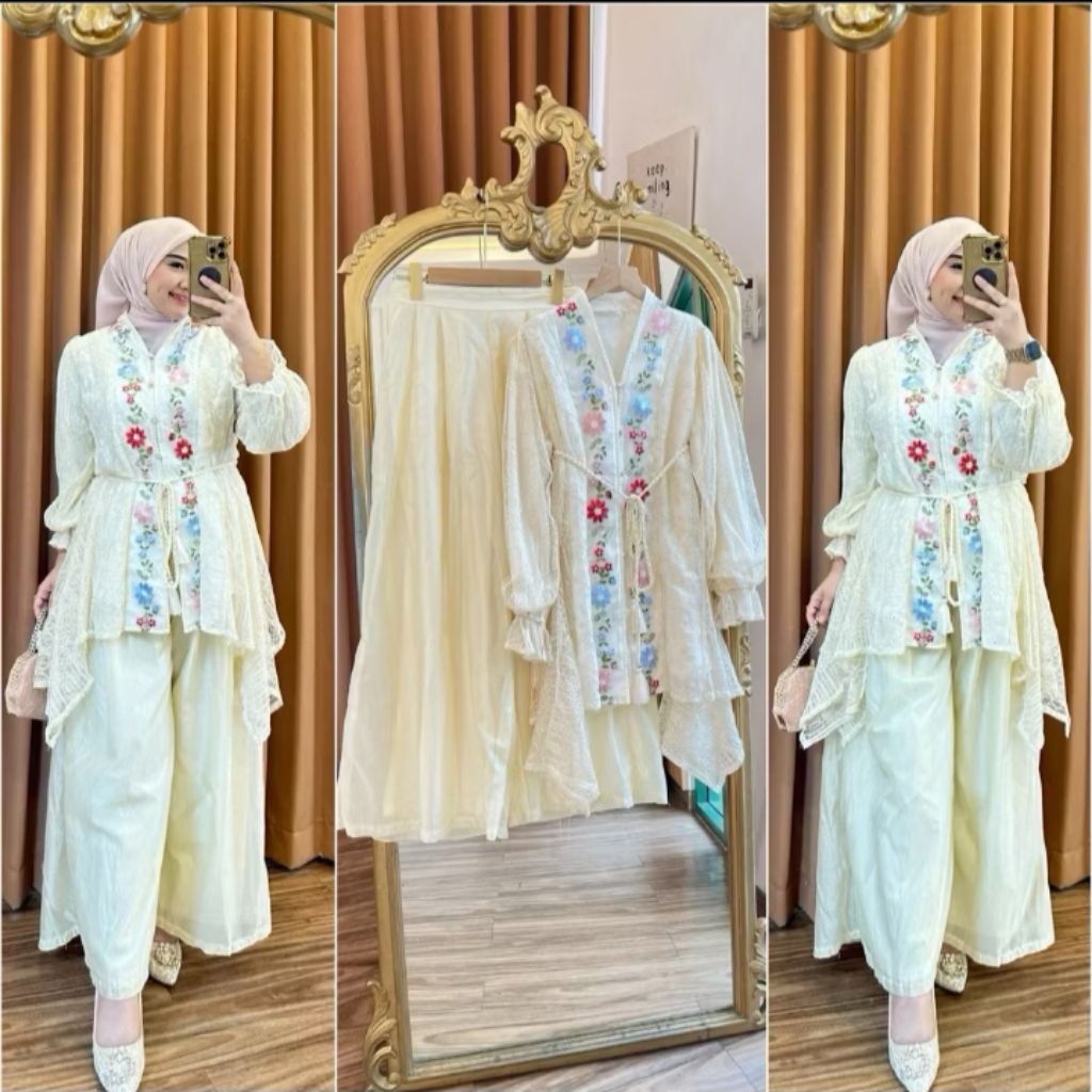 Setelan Kebaya Modern Chantyli Firda Tile Embroidery Bunga LD 110 Set Celana Kulot  Kondangan Pesta 