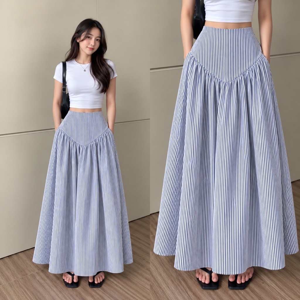 YEORIN Rok Salur Wanita Panjang High Waist | Stripe Skirt Korean Style | Rok Casual Daily Kekinian