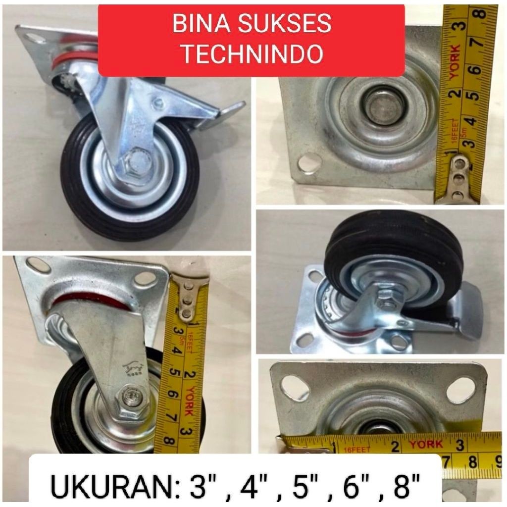Roda Gepeng Rem Caster Heavy Duty  5" Karet PU Besi Hidrolik Lori Trolley