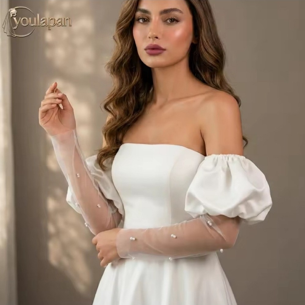 Wedding Bridal Puff Sleeve Sarung Lengan Pengantin Transparan Tile Mutiara Aksesori Gaun