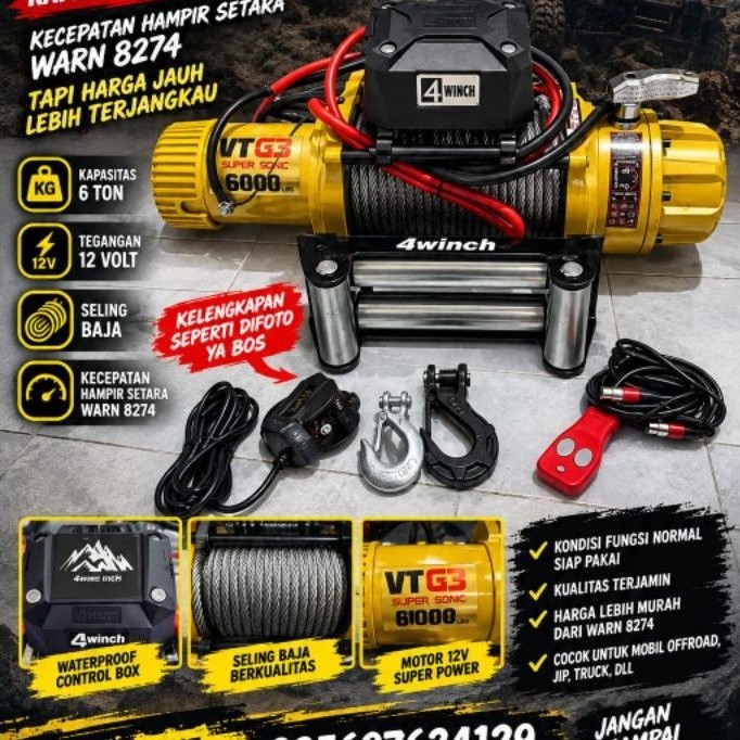 Winch 4winch VT G3 Super Sonic 6000N 12V Kapasitas 6 Ton Seling Baja dengan Remot