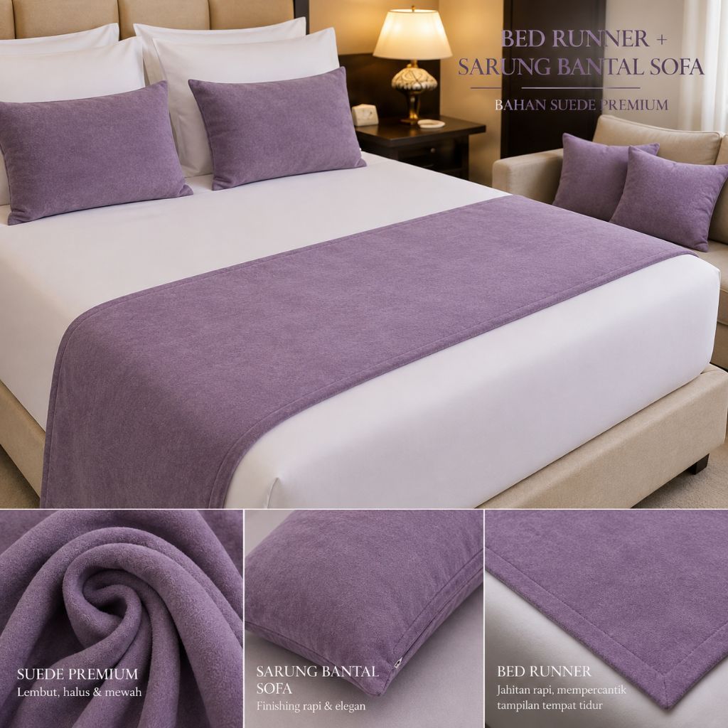Bed Runner Suede premium selendang kasur hotel villa | polos elegan | set sarung + Bantal 35×35