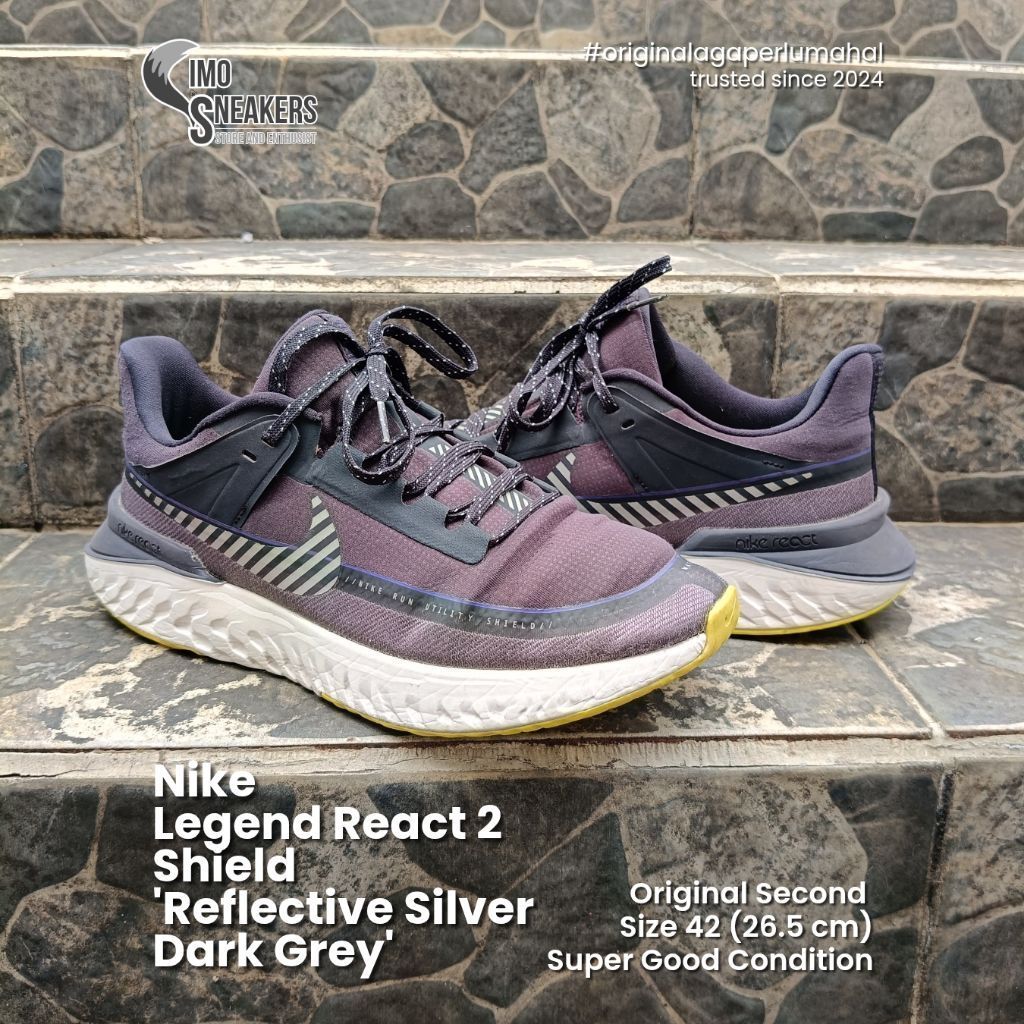 Nike Legend React 2 Shield Abu Silver Neon Sepatu Lari Running Sneakers Original