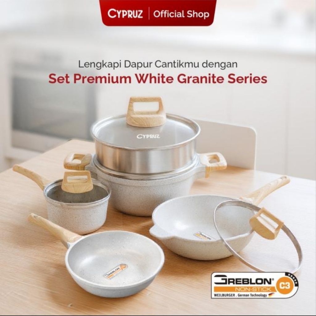 CYPRUZ White Granite Cookware Set Kuali Serbaguna Penggorengan Wok Granit Kuat Besar Anti Lengket Te