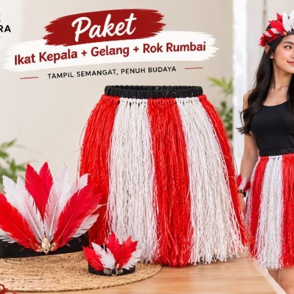 paket ikat kepala bulu merah putih + gelang bulu merah putih + rok rumbai tali rafia merah putih