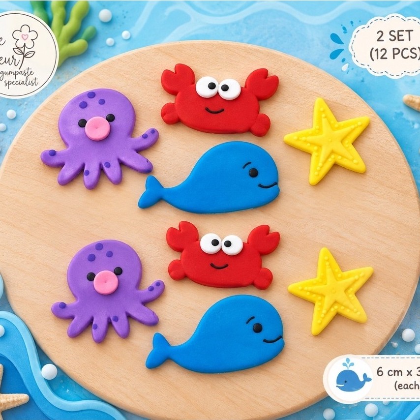 Gumpaste hiasan kue / Cake topper Hewan Laut - kepiting- gurita