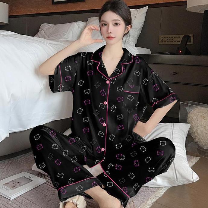 NANAMI - Setelan Piyama Wanita Korean Sutra Silk L XL XXL Motif Cherry Baju Tidur Adem Lembut Jumbo 